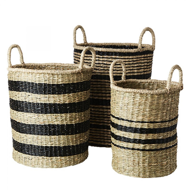 BASKET NATURAL BLACK STRIPES SET OF 3